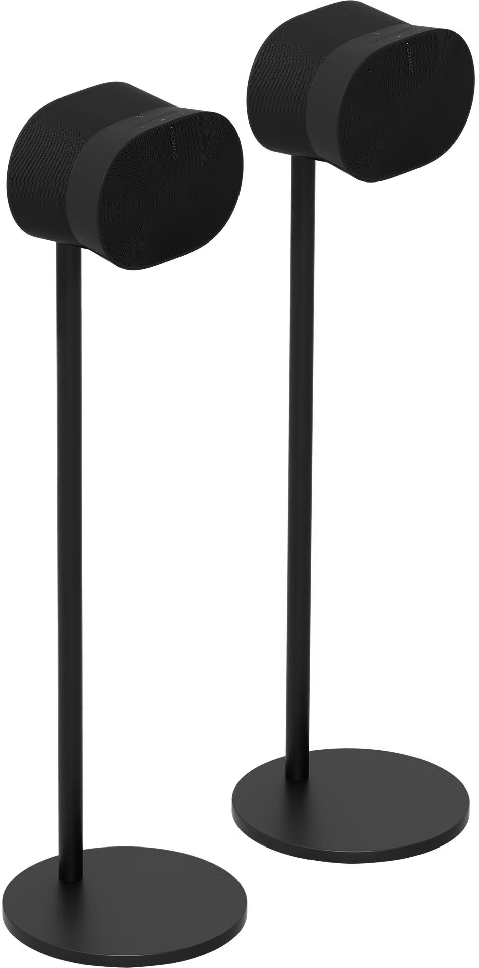 Zwei schwarze Sonos-Lautsprecher auf passenden runden Ständern vor schwarzem Hintergrund.