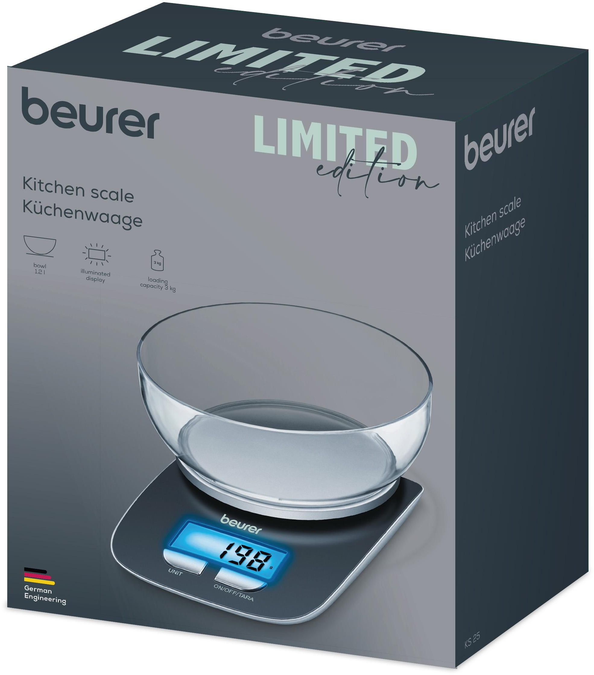 Emballage de la balance de cuisine Beurer avec bol en verre et écran bleu sur fond sombre.