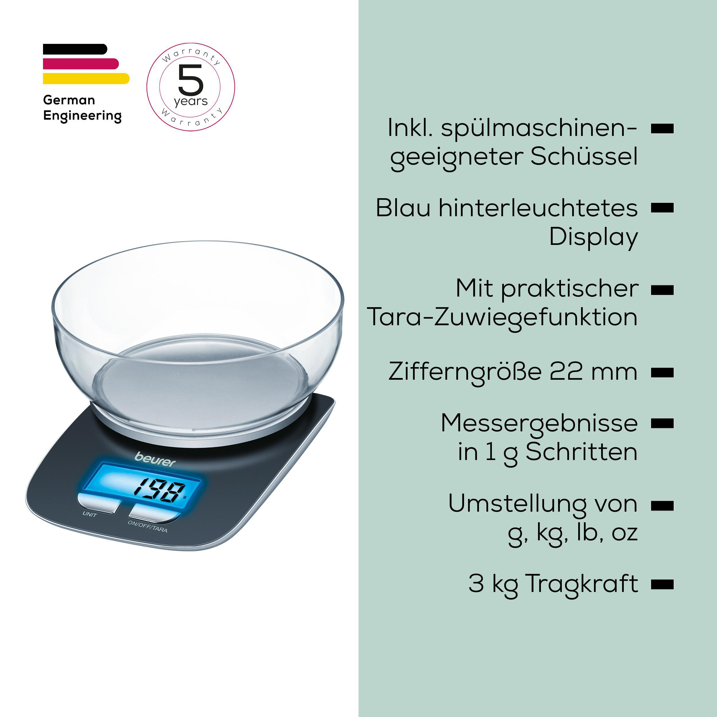 Balance de cuisine numérique avec bol en verre et écran bleu, texte allemand à droite.