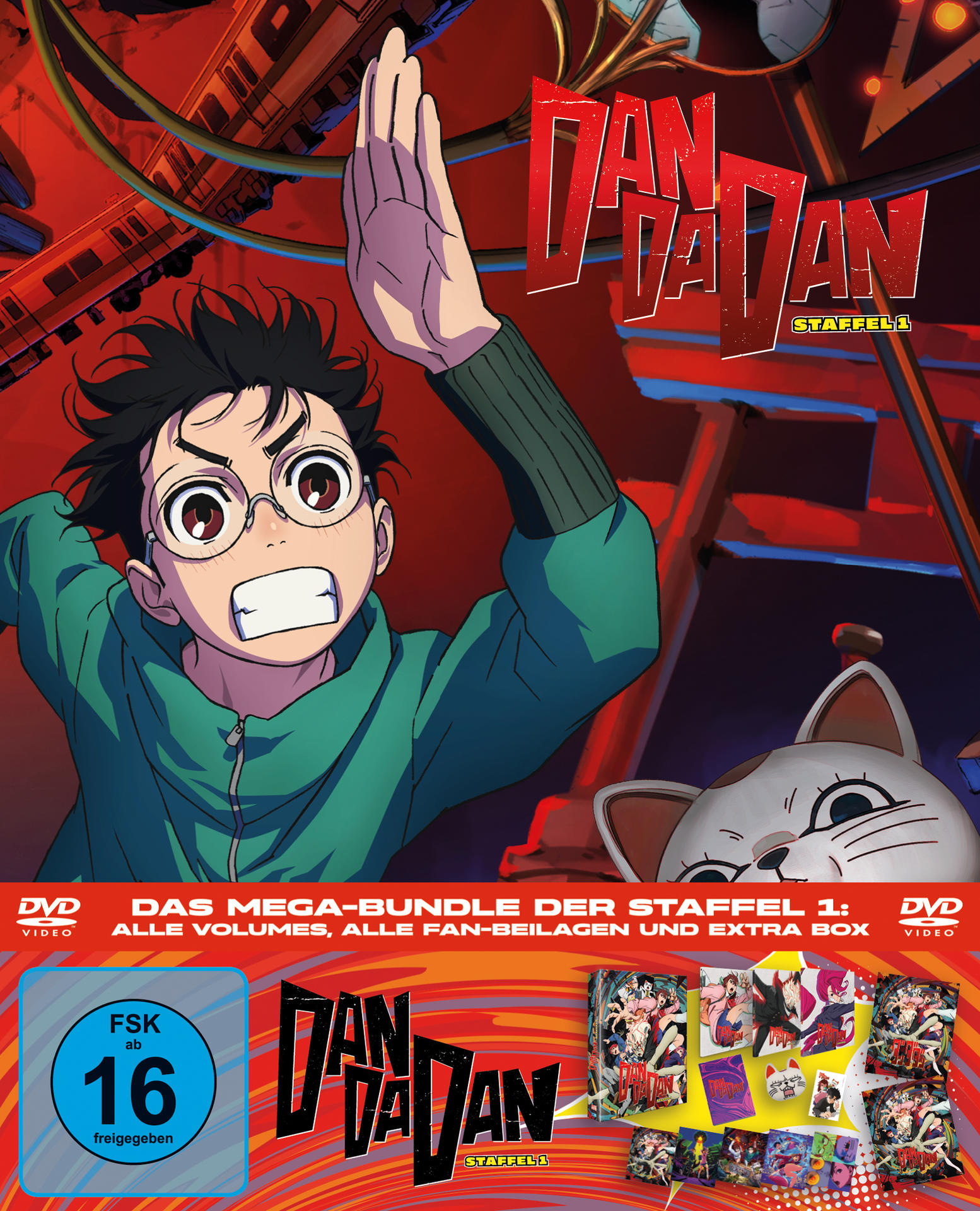 Anime-Cover mit einem jungen, erschrockenen Jungen in grünem Pullover, einer Katze und dem Titel Dandadan.