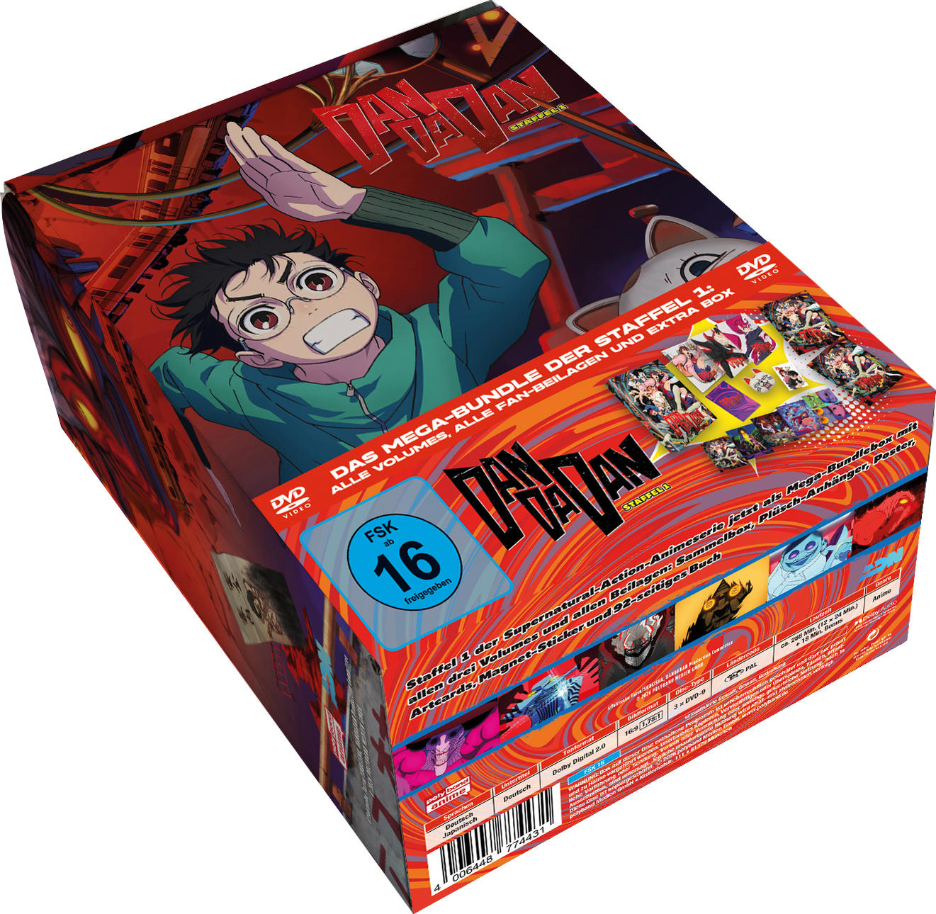 Anime-DVD-Box mit rotem Design, einem Charakter und vielen Extras wie Postern und Stickern.
