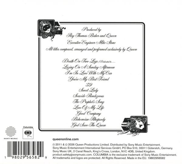 Rückseite des Queen-Albums "A Night at the Opera" mit Titelliste, Produktionscredits und Barcode.