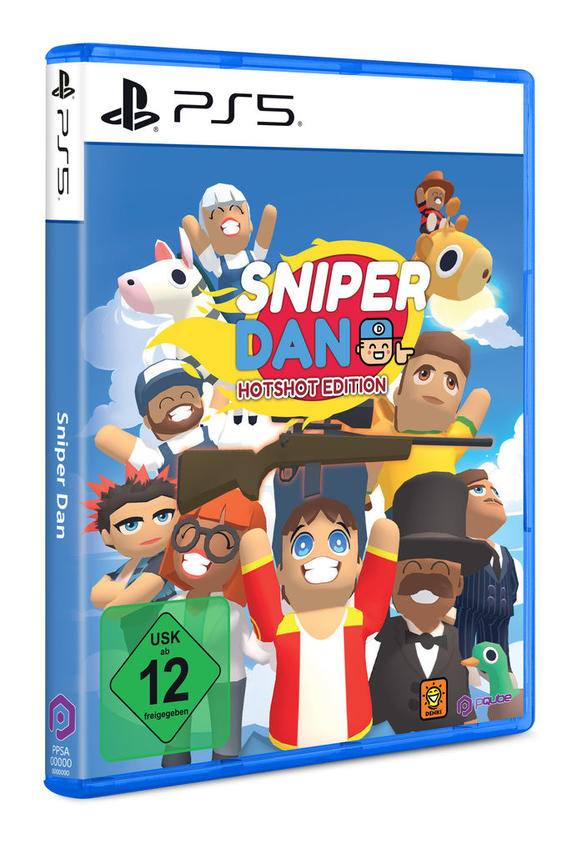 PlayStation 5 Spielhülle für Sniper Dan Hotshot Edition mit cartoonartigen Charakteren und einer USK 12 Altersfreigabe.