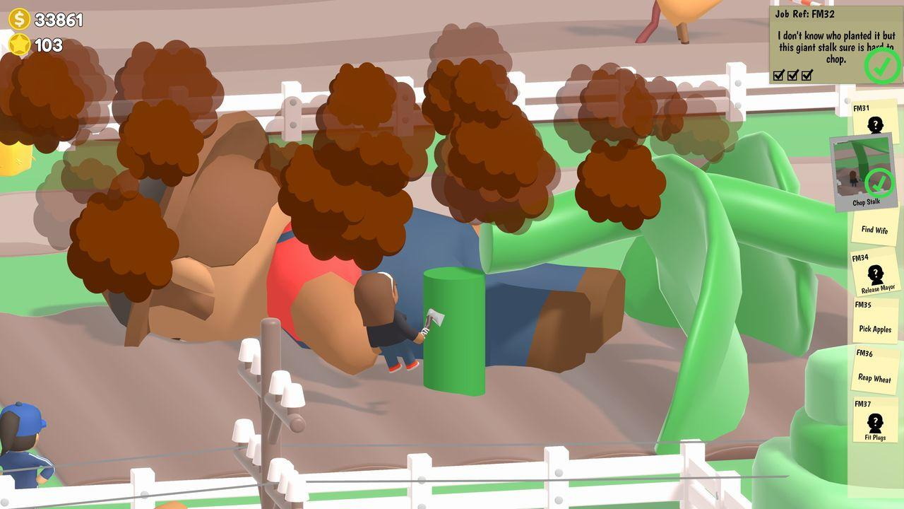 Ein Videospielszene zeigt eine Spielfigur vor einem großen grünen Stängel und einem Holzzaun.