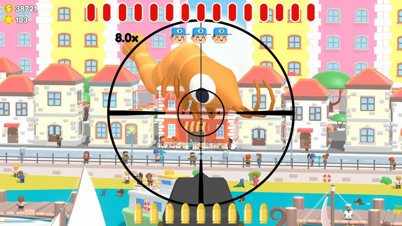 Ein Fadenkreuz zoomt auf ein riesiges orangefarbenes Insekt in einer farbenfrohen Stadt am Wasser.