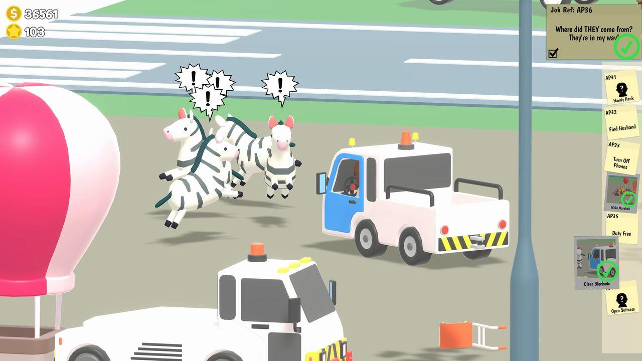 Drei Zebras rennen in einer Videospielszene mit Lastwagen und einem Heißluftballon herum.