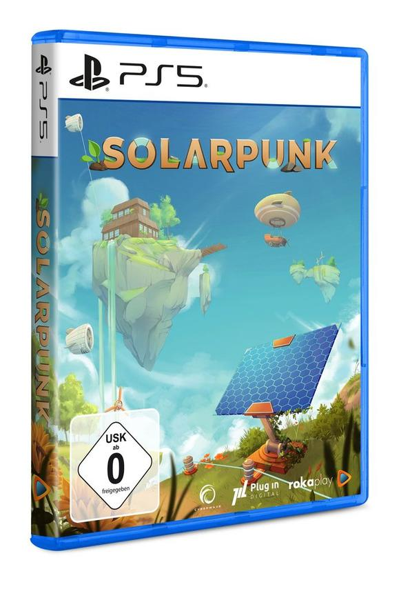 PS5-Spielhülle für Solarpunk mit schwebenden Inseln, einem großen Solarpanel und einem Luftschiff.