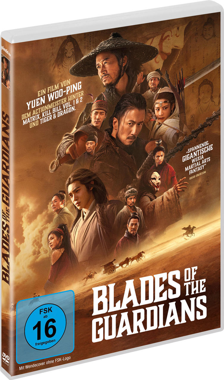 DVD-Cover von Blades of the Guardians mit Kampfkunst-Charakteren, Wüstenhintergrund und deutscher FSK 16 Altersfreigabe.
