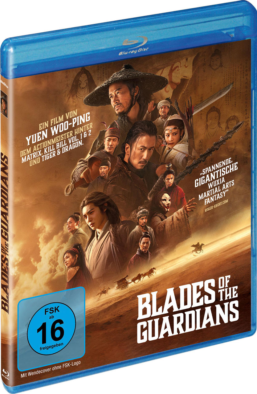 Blu-ray-Hülle des Films Blades of the Guardians mit Charakteren im Martial-Arts-Stil vor einer Wüstenlandschaft.