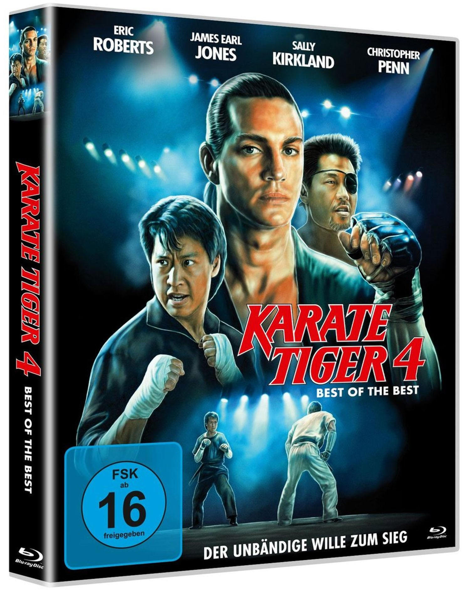 Karate Tiger 4 Blu-ray Cover mit drei Kampfsportlern in blauer Beleuchtung und FSK-16-Logo.