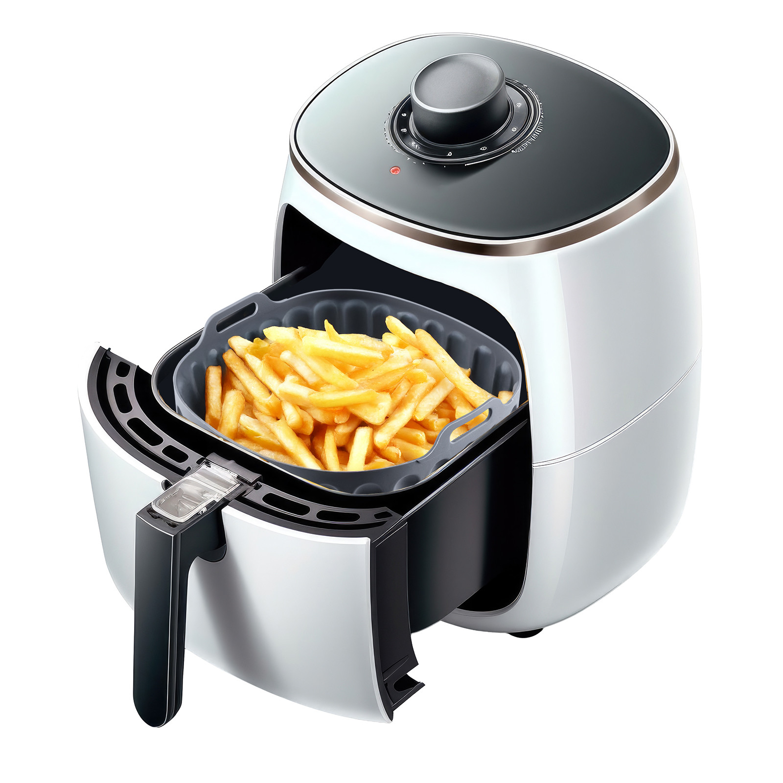 Eine weiße Heißluftfritteuse mit offenem Korb voller goldbrauner Pommes frites.