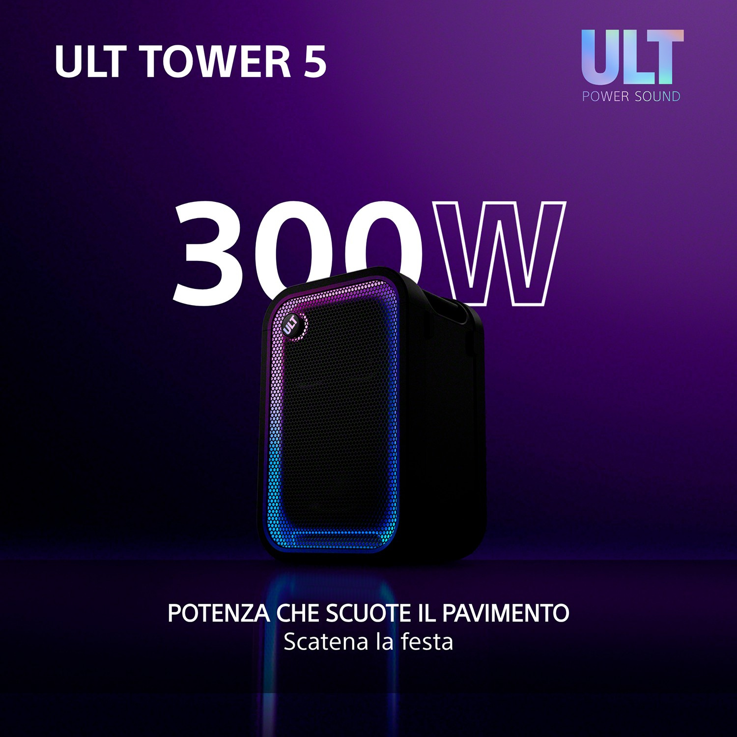 Un altoparlante nero ULT Tower 5 con luci viola e blu su uno sfondo viola scuro.