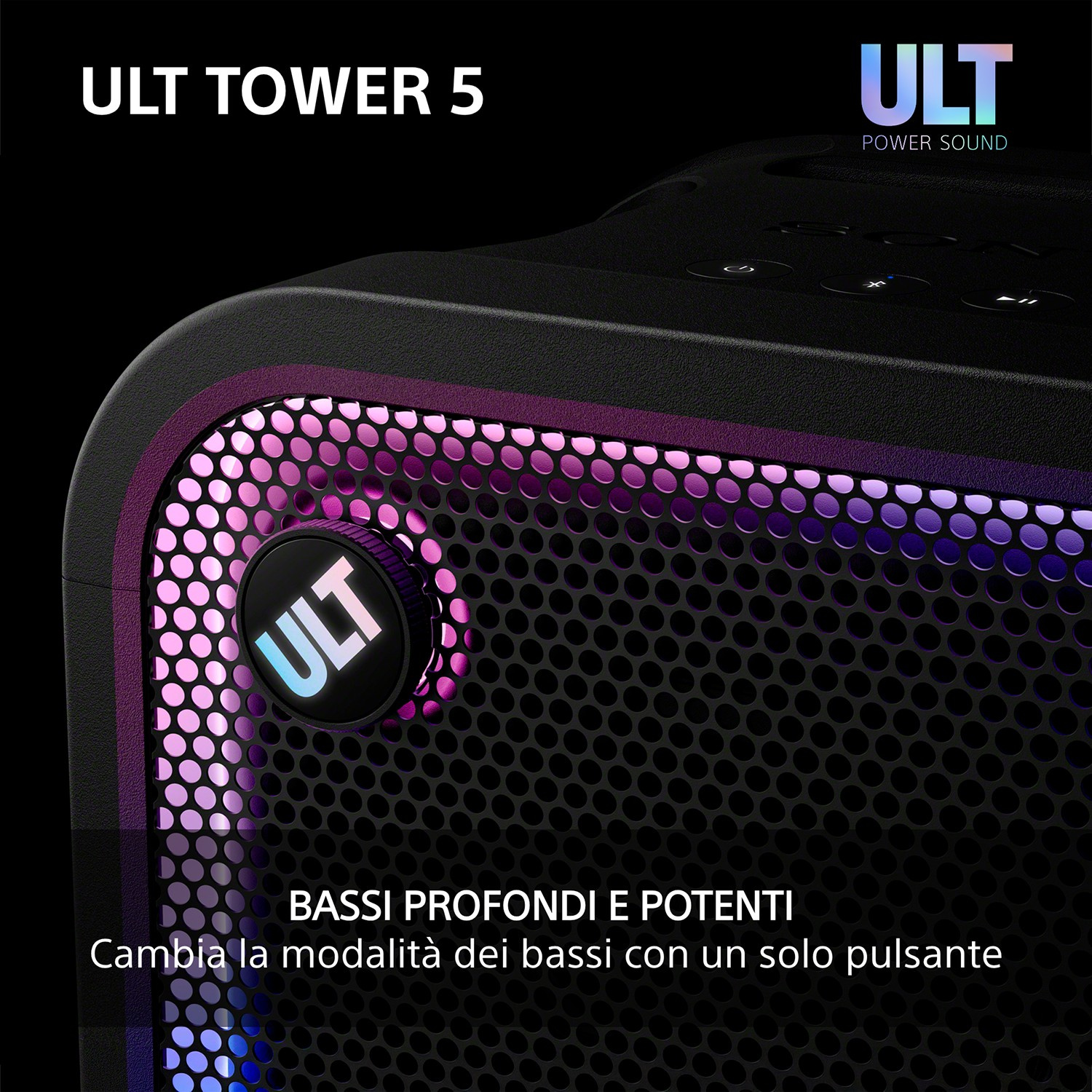 Primo piano dell'altoparlante ULT Tower 5 con illuminazione viola, manopola e testo sui bassi.