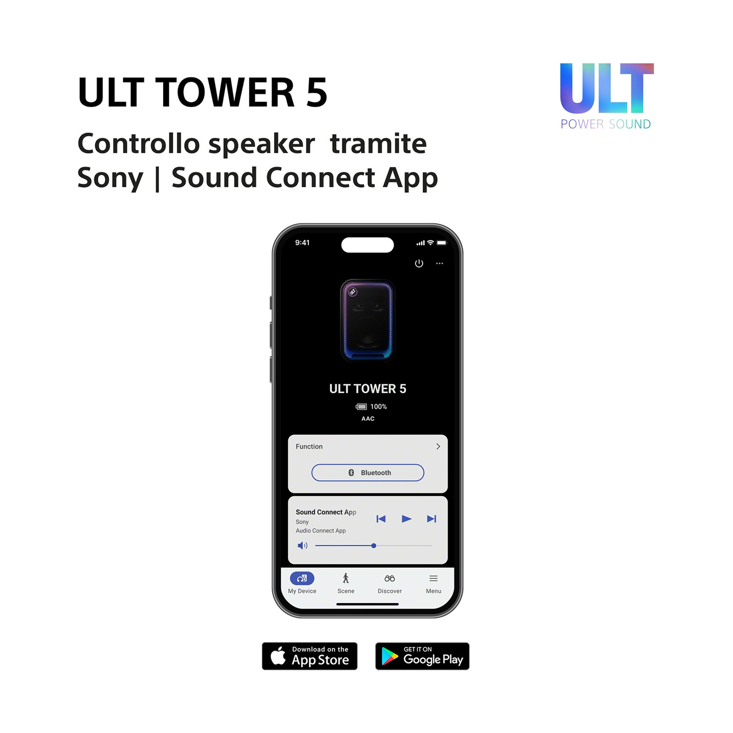 Smartphone con l'app Sony Sound Connect per il controllo dell'ULT TOWER 5.