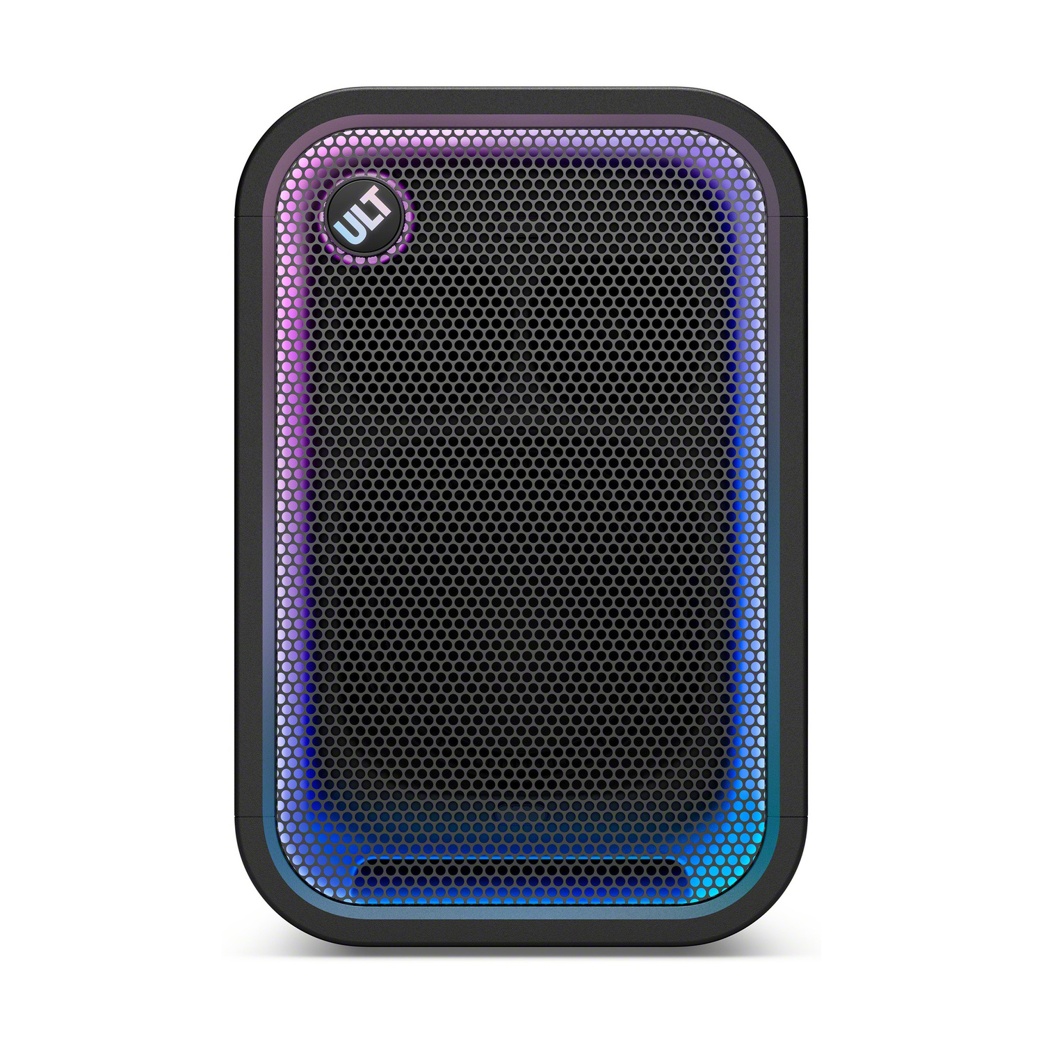 Altoparlante Bluetooth nero con un pulsante ULT rotondo e illuminazione LED colorata dietro la griglia.