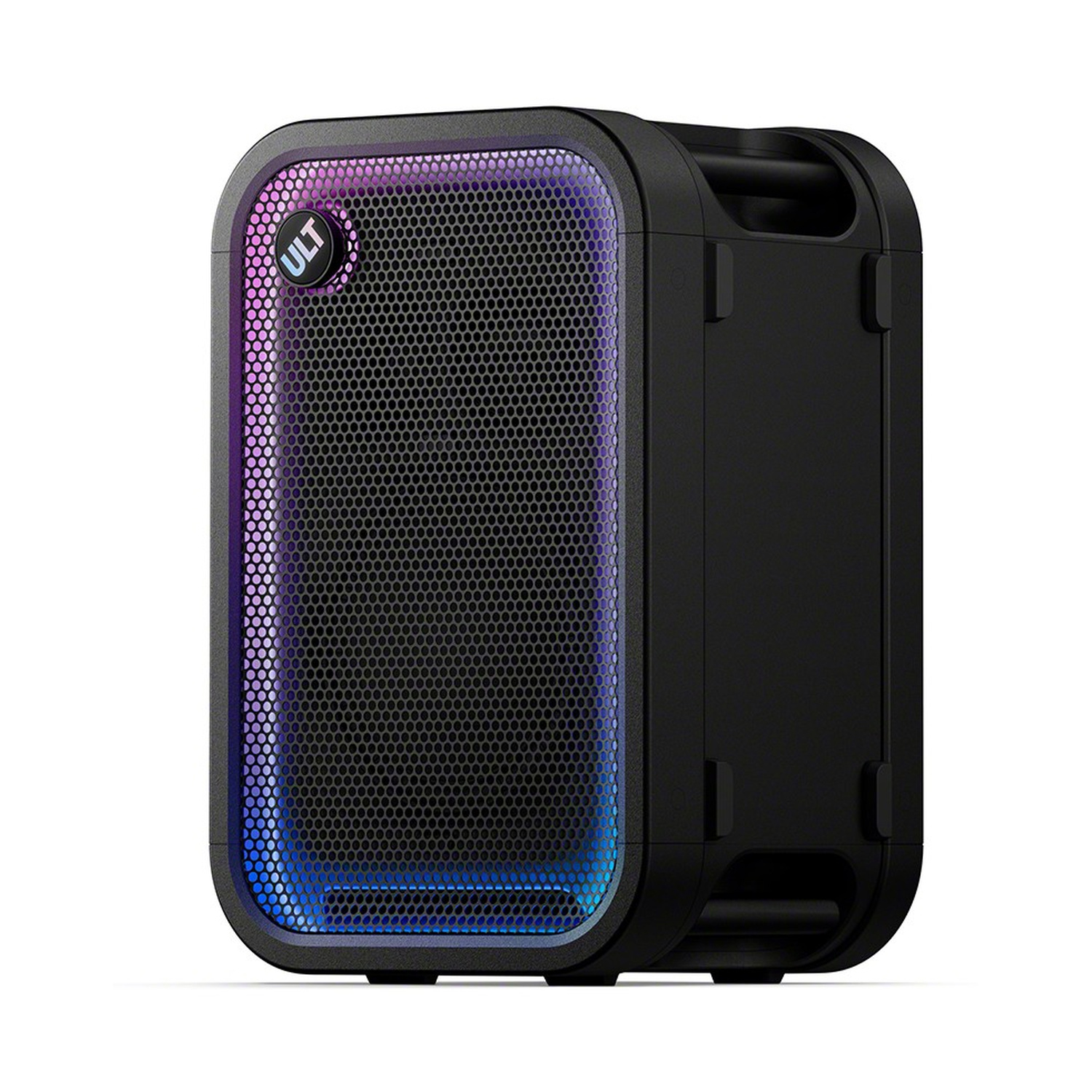 Un altoparlante Bluetooth portatile nero con un pulsante ULT rotondo e illuminazione LED multicolore sul davanti.