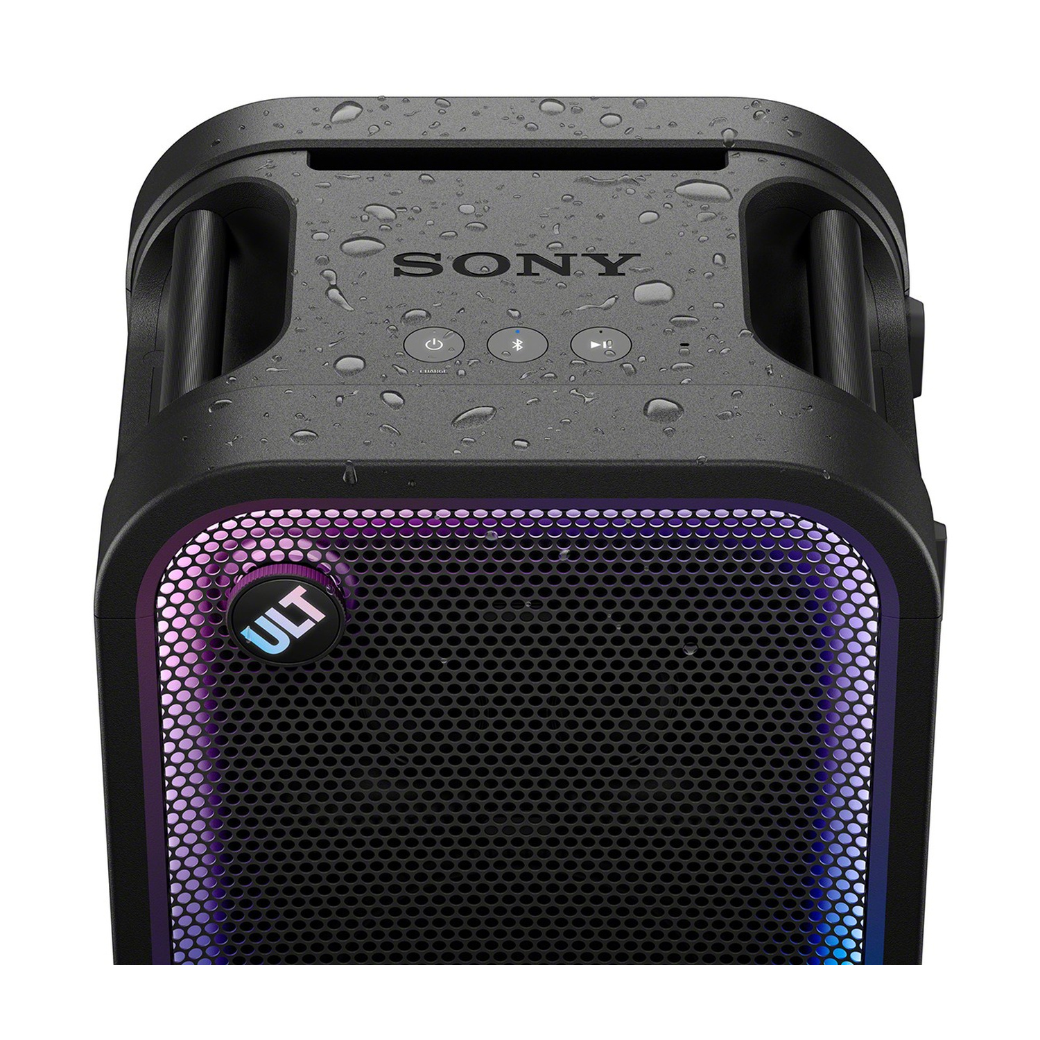 Altoparlante Sony nero con gocce d'acqua e illuminazione viola.