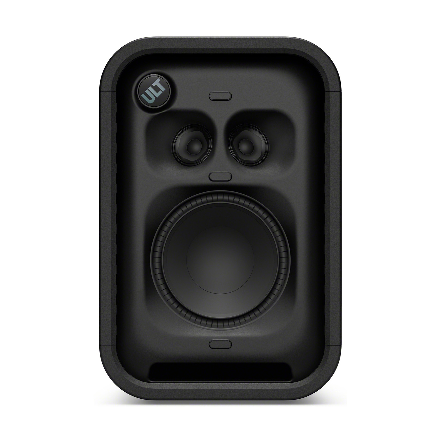 Un altoparlante nero con due tweeter, un woofer grande e il pulsante ULT.
