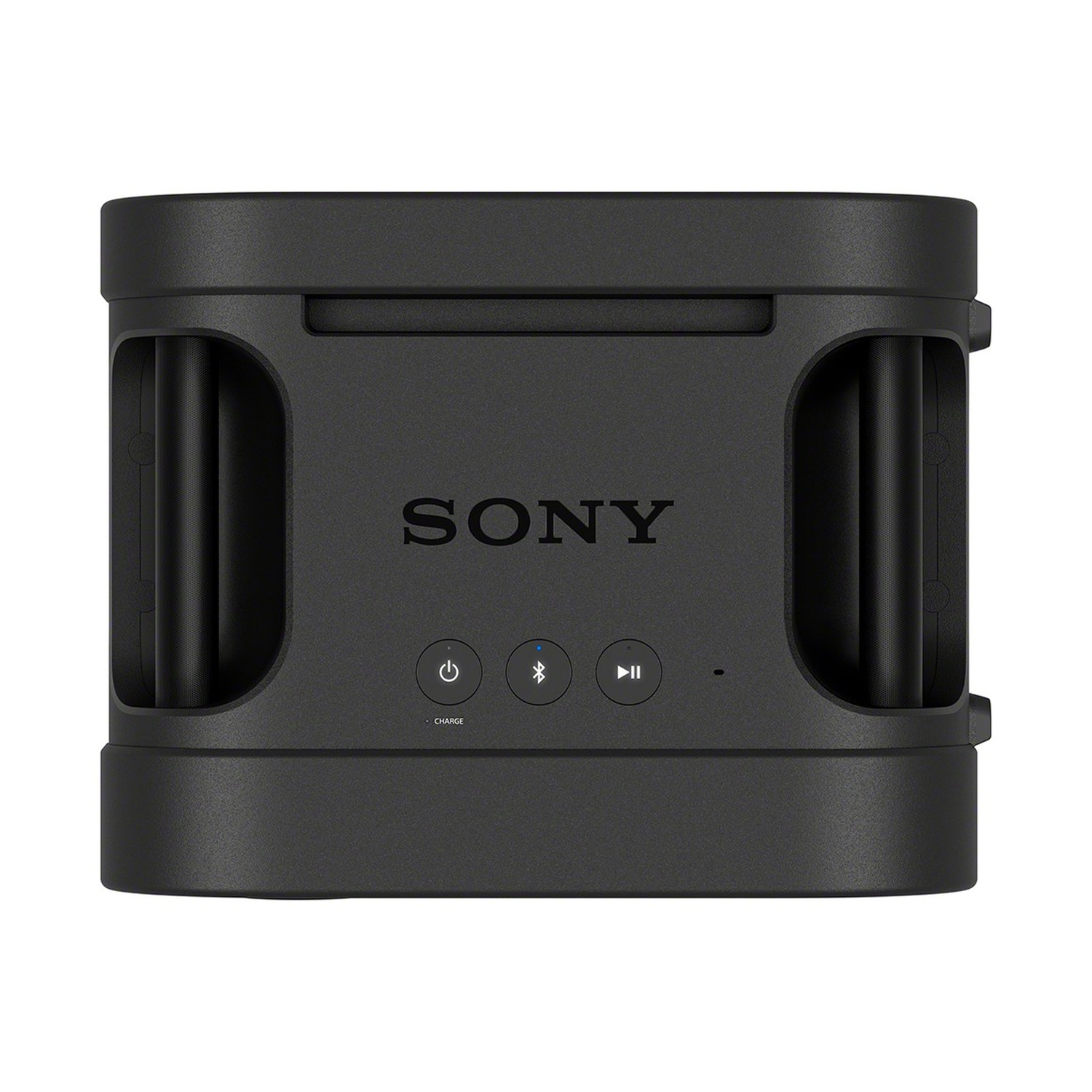 Altoparlante wireless Sony nero con controlli superiori e maniglie laterali su sfondo bianco.