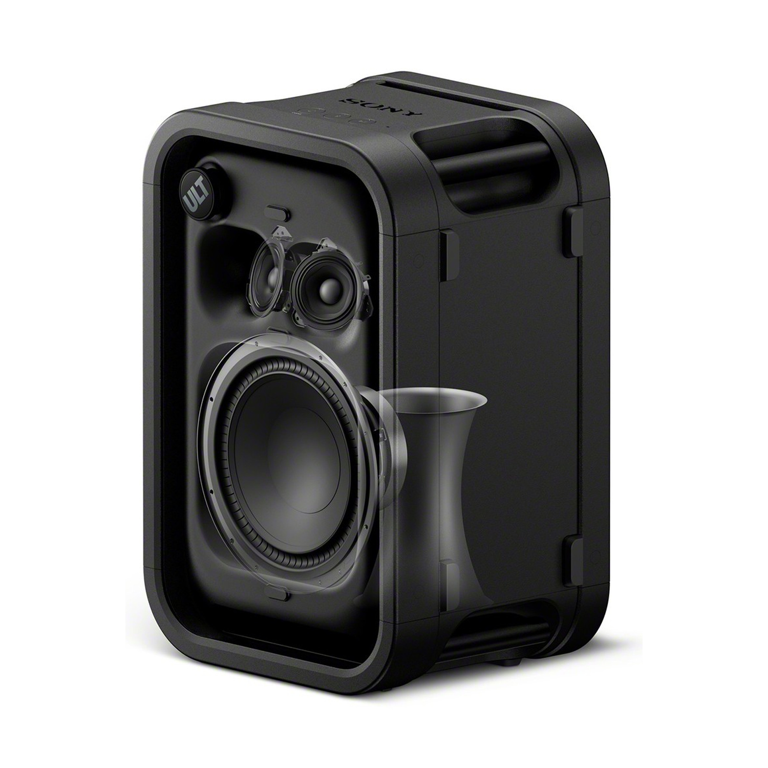 Un altoparlante Bluetooth Sony nero con driver interni visibili e un componente a forma di cono.
