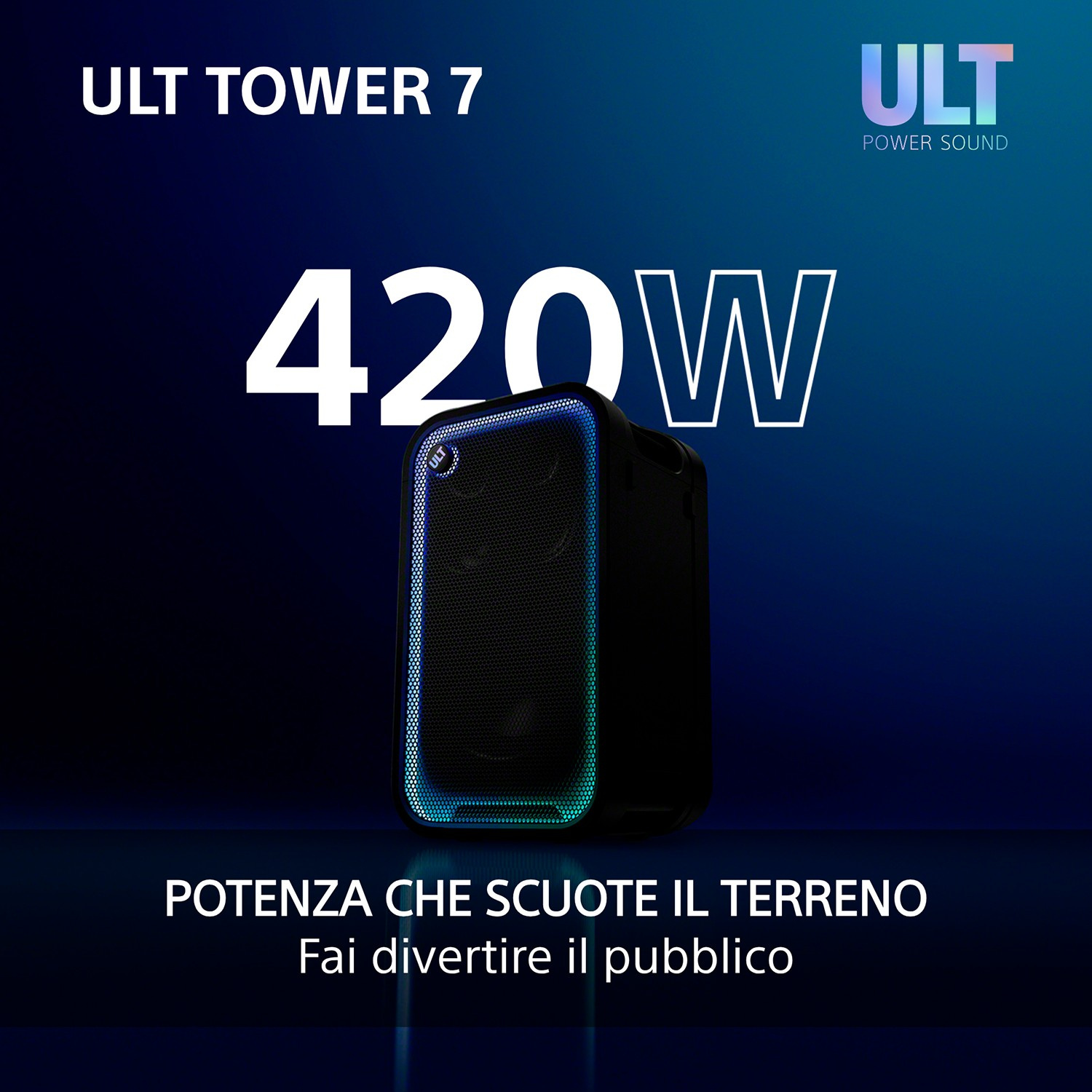 Altoparlante ULT Tower 7 da 420W con luce blu e testo su sfondo blu scuro.