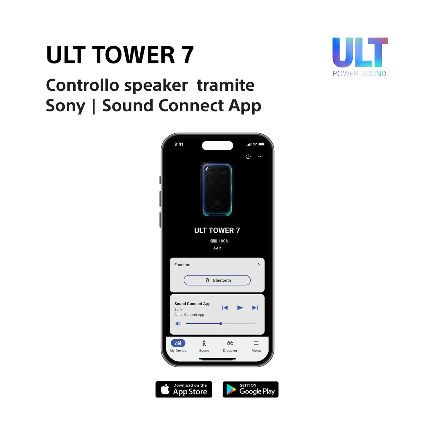 Smartphone mostra l'app Sony Sound Connect che controlla ULT Tower 7.