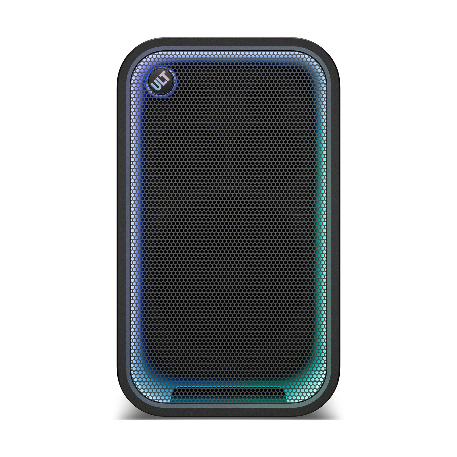 Un altoparlante Bluetooth nero e rettangolare con angoli arrotondati, griglia metallica e illuminazione blu.