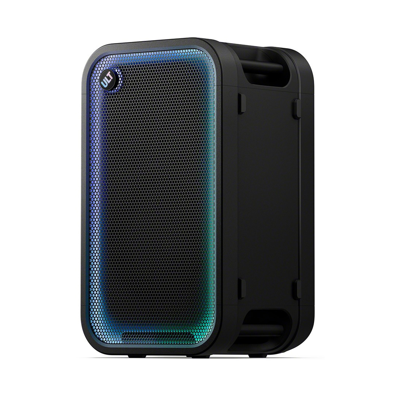 Altoparlante Bluetooth portatile nero con illuminazione blu lungo il bordo e pulsante ULT rotondo su sfondo bianco.