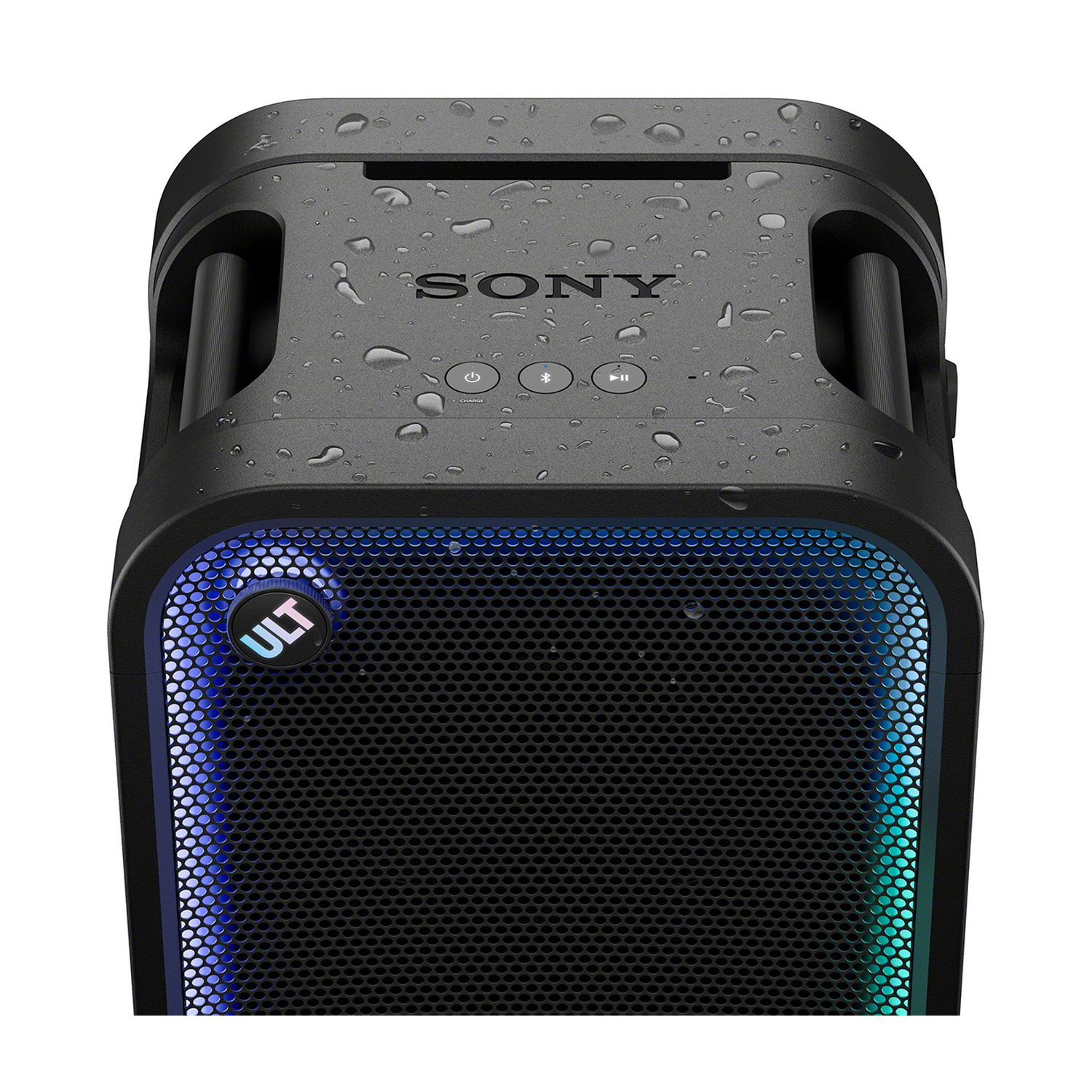 Altoparlante Sony nero coperto di gocce d'acqua con illuminazione blu e pulsante ULT.