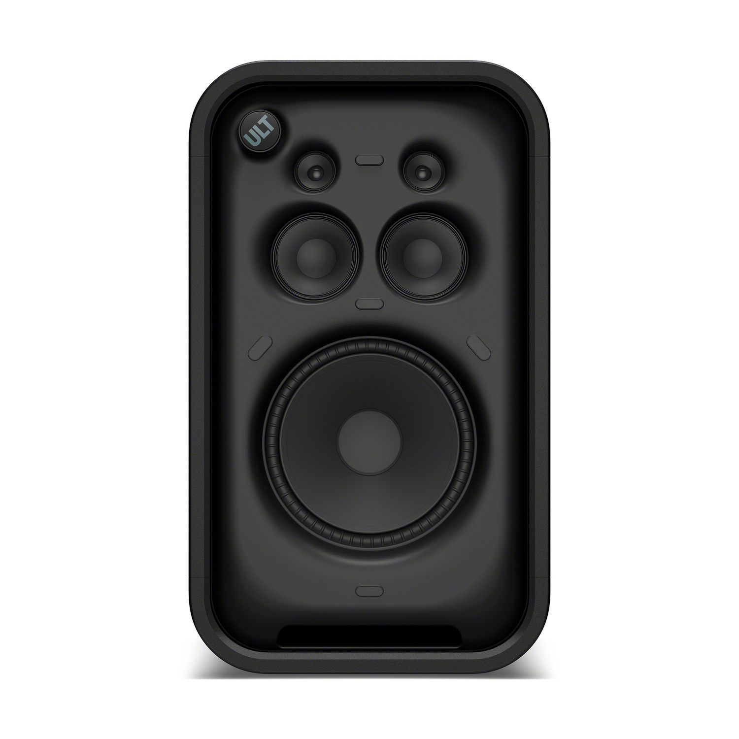 Altoparlante portatile nero con un woofer grande, due driver di gamma media e due tweeter sul pannello frontale.