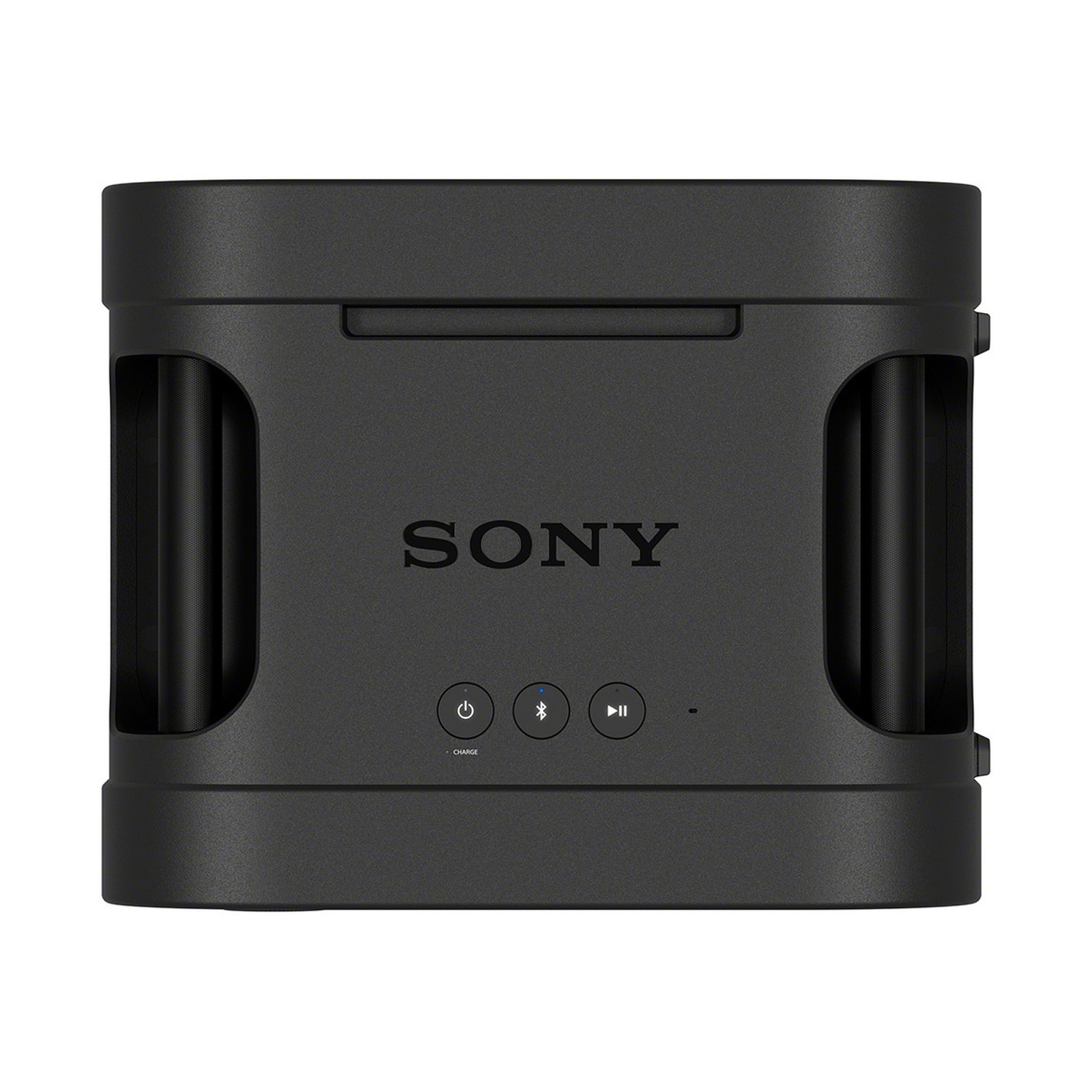 Altoparlante Bluetooth Sony nero con pulsanti di controllo e maniglie laterali.