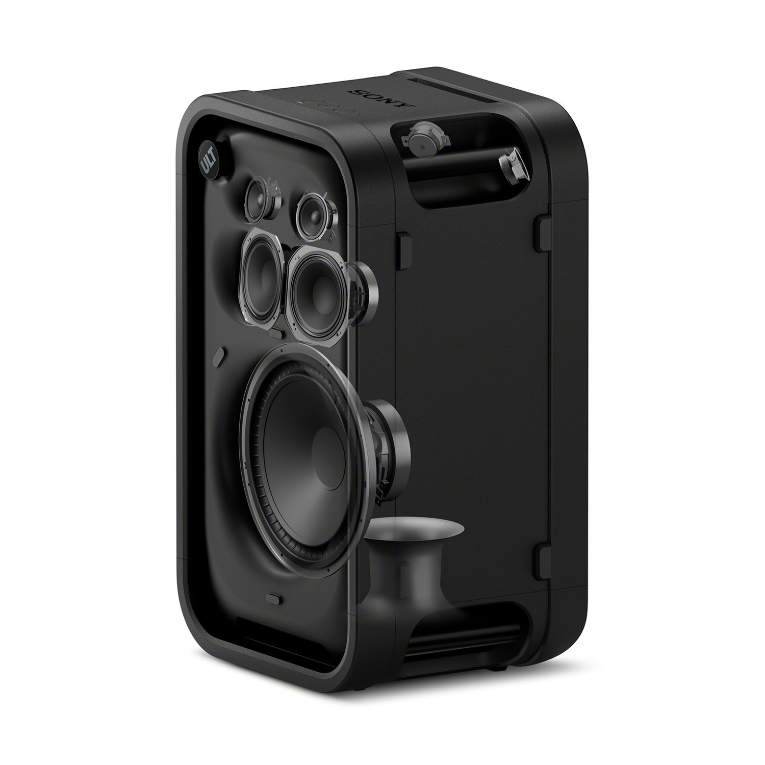 Altoparlante Bluetooth Sony nero con driver e componenti interni esposti su sfondo bianco.