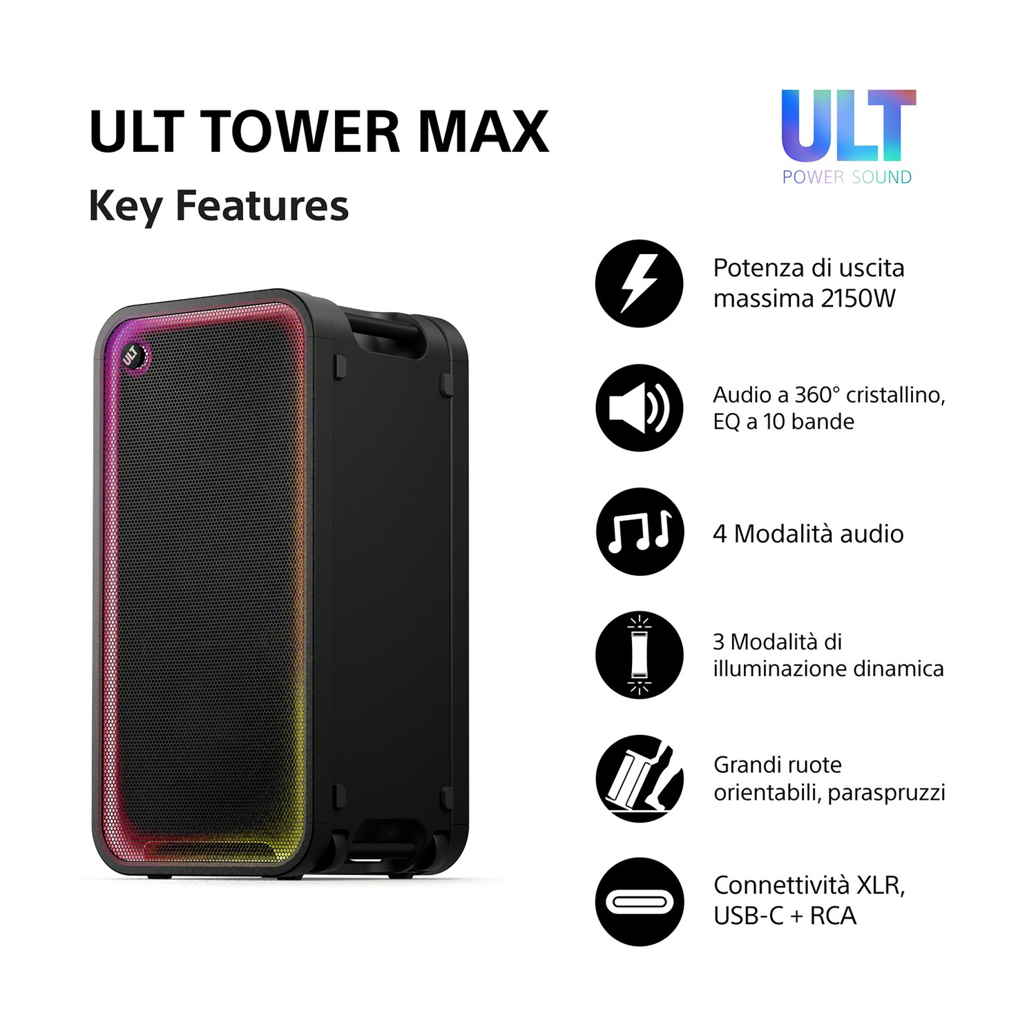 Altoparlante Ult Tower Max con luci colorate e caratteristiche chiave a destra.
