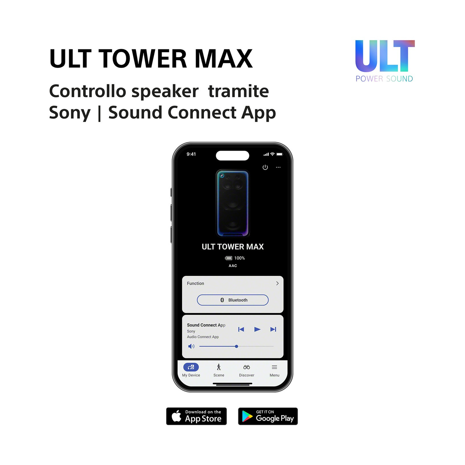 Smartphone con app Sony Sound Connect per il controllo dell'ULT TOWER MAX.