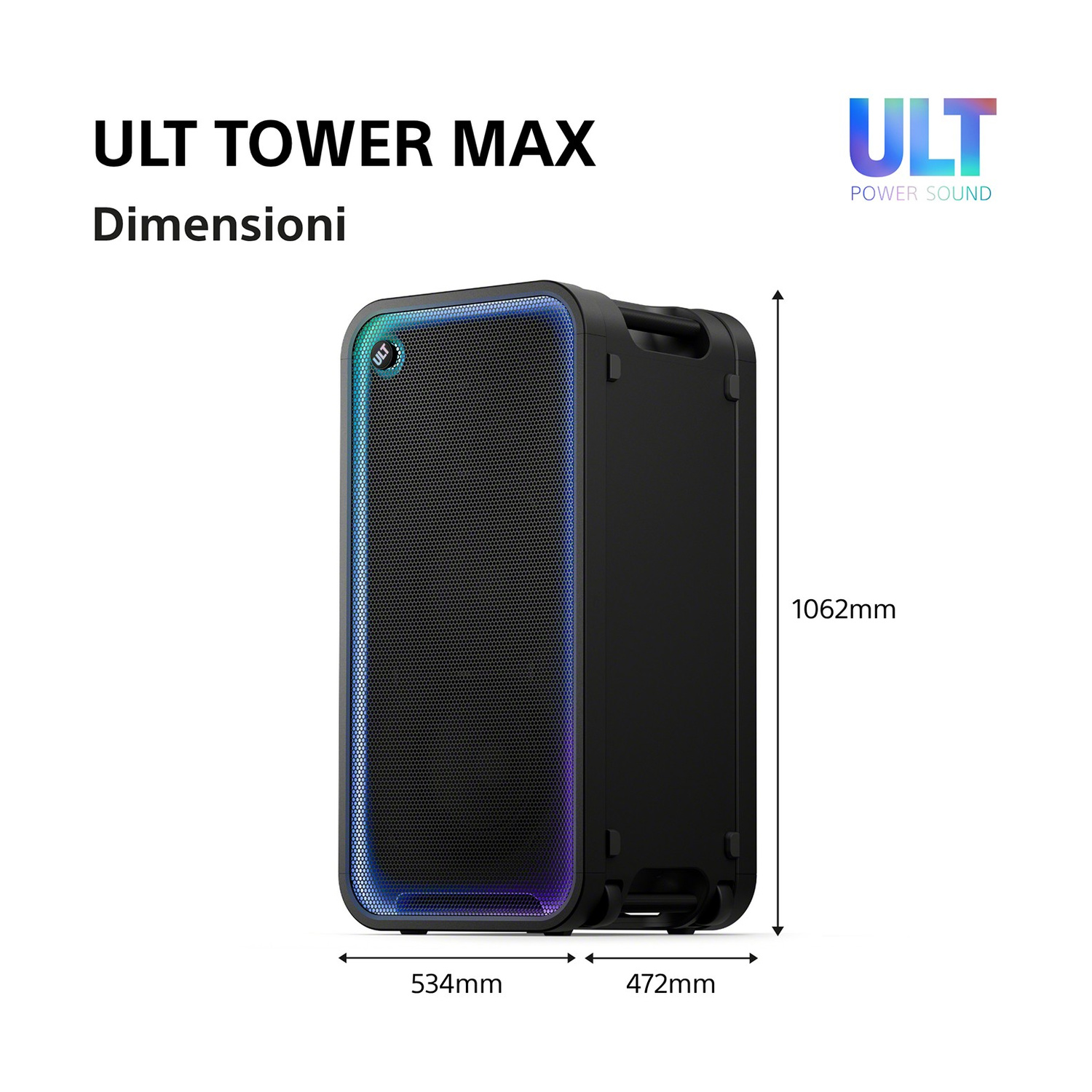 Diagramma delle dimensioni tecniche dello speaker ULT Tower Max con altezza, larghezza e profondità.