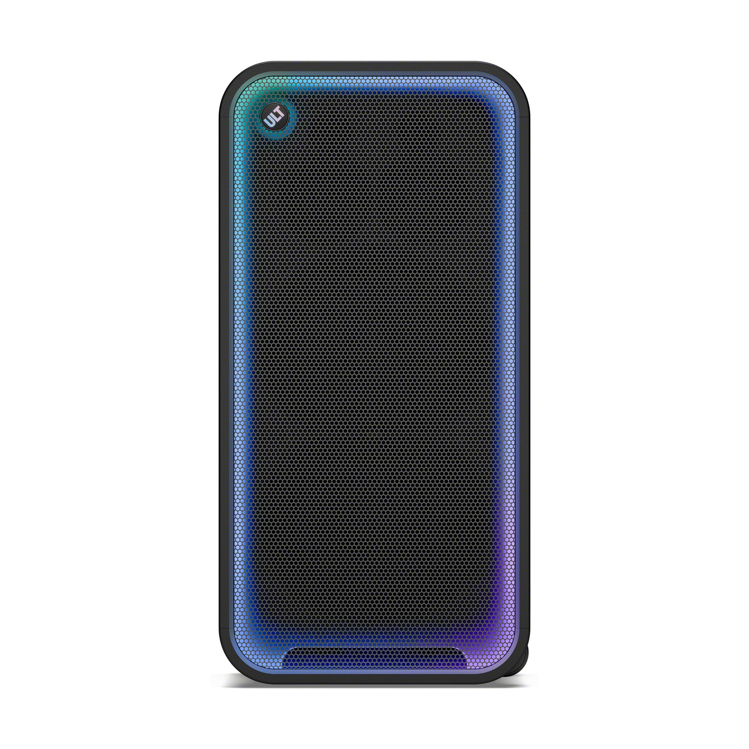 Altoparlante portatile nero con fronte a rete e illuminazione LED colorata lungo il bordo.