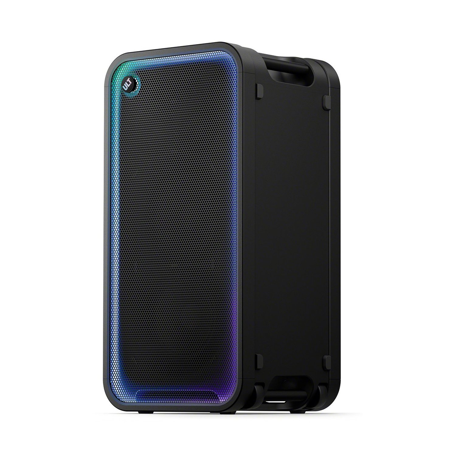 Un grande altoparlante per feste nero con illuminazione LED blu intorno alla griglia anteriore e logo ULT.