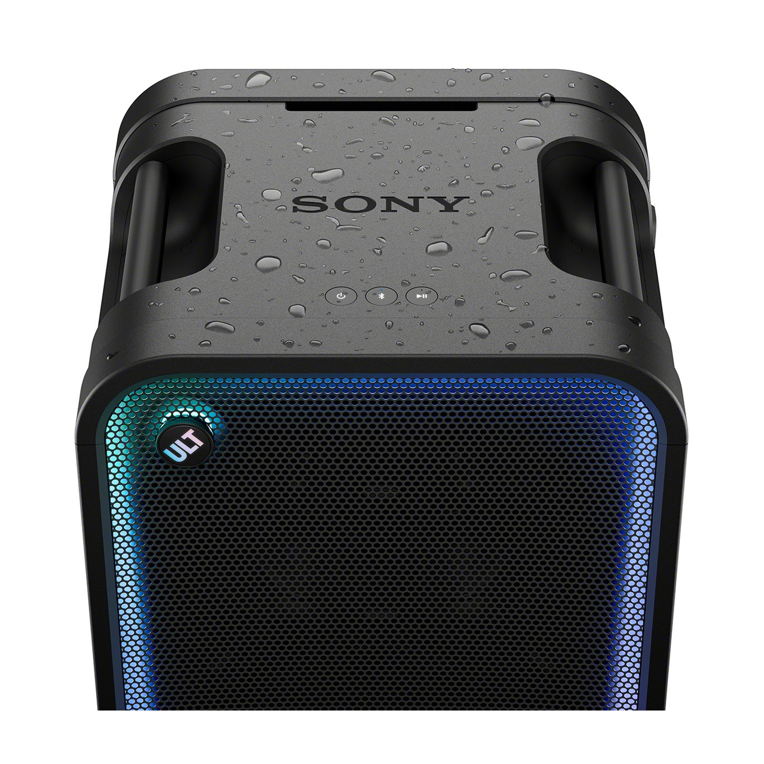 Un altoparlante Sony nero impermeabile con gocce d'acqua sopra e luci blu brillanti sulla griglia frontale.