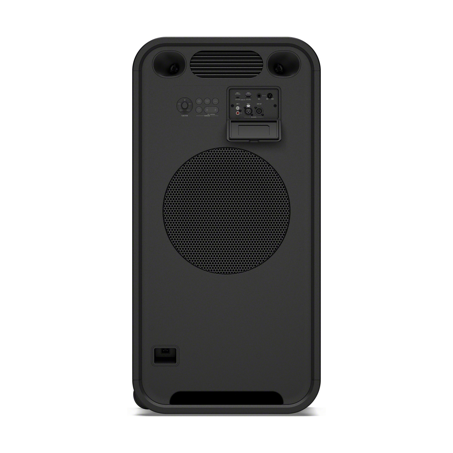 Vista posteriore di un grande altoparlante nero per feste con woofer centrale rotondo, pannello di controllo e maniglie.