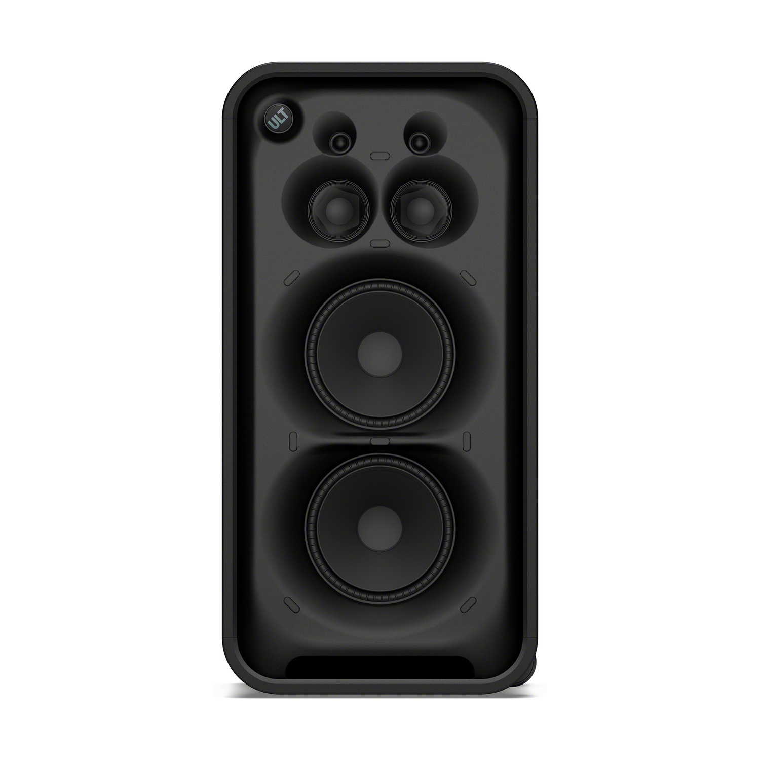 Altoparlante Bluetooth portatile nero con due grandi woofer, tweeter superiori e un pulsante ULT.