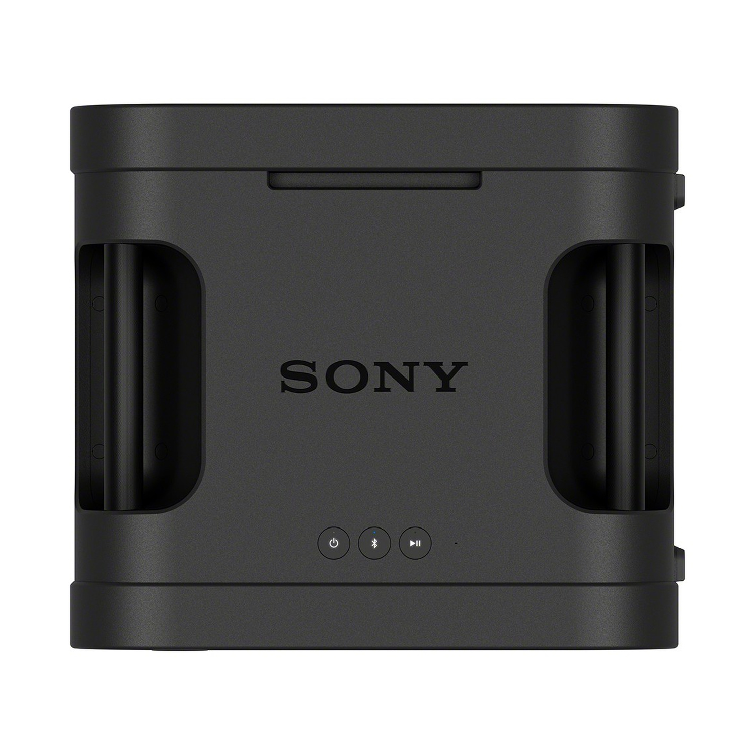 Un altoparlante portatile Sony nero con maniglie laterali integrate, pulsanti di accensione e bluetooth.