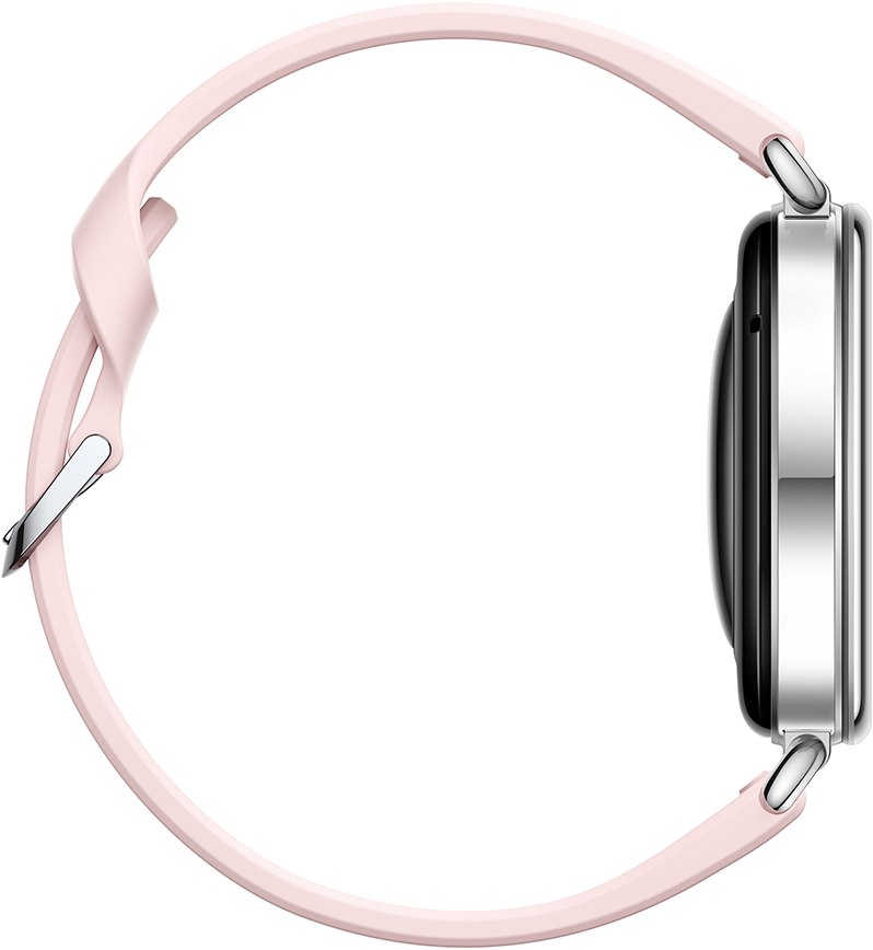 Oldalnézet egy okosóráról ezüst házzal és rózsaszín szilikon szíjjal fehér háttéren.