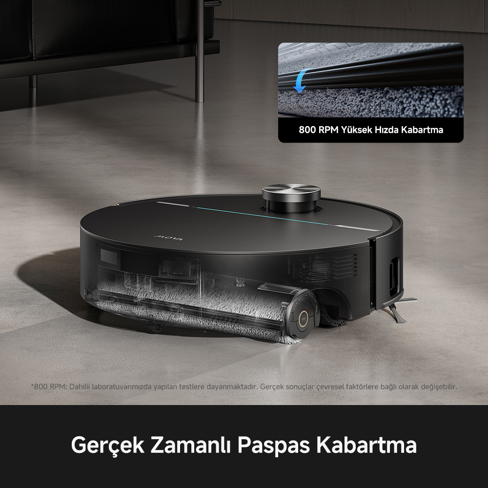 Gri zemin üzerinde döner fırçası görünen siyah robot süpürge ve detay görseli.