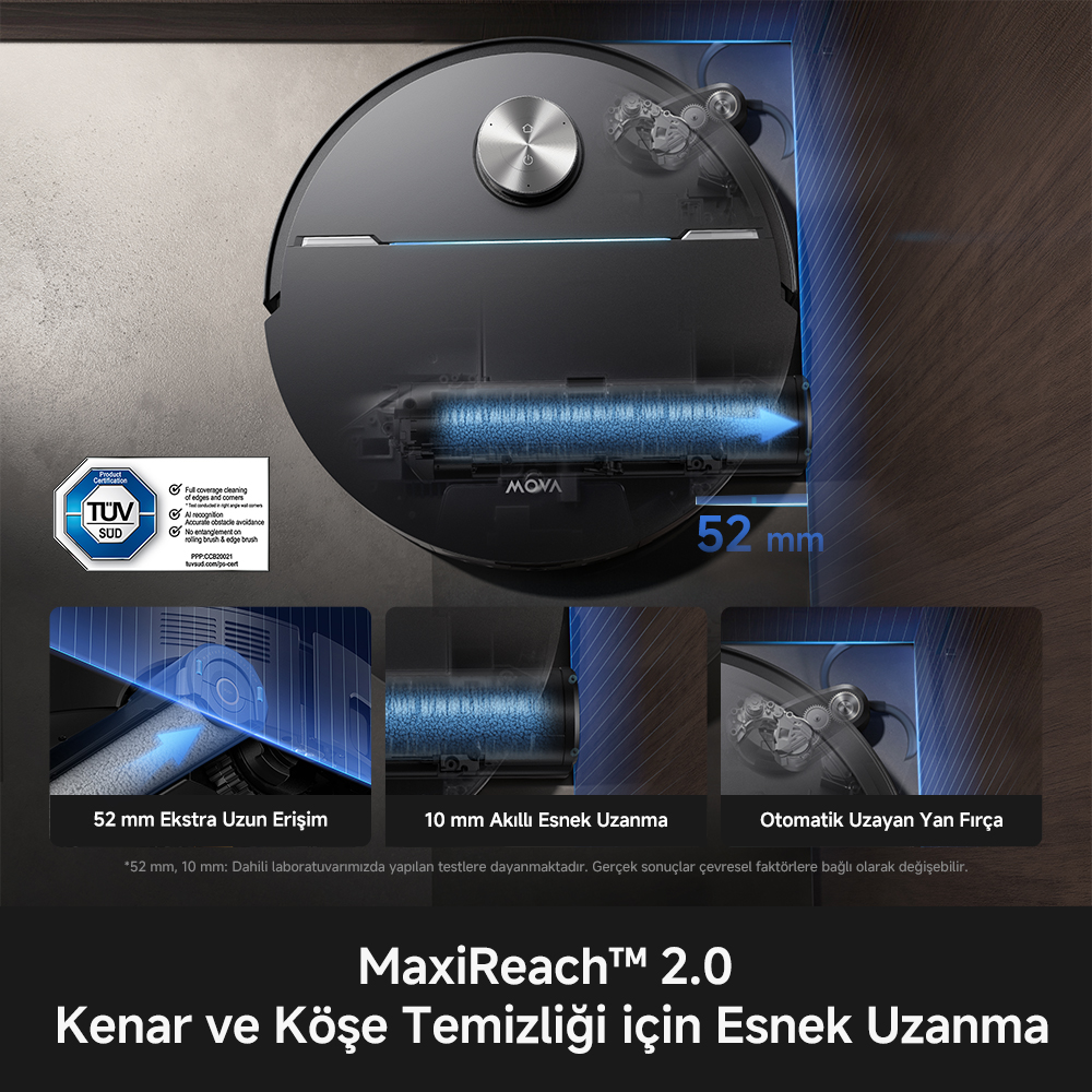 Siyah renkli robot süpürge, uzatılabilir yan fırçasını ve kenar temizleme özelliklerini şemalarla gösteriyor.