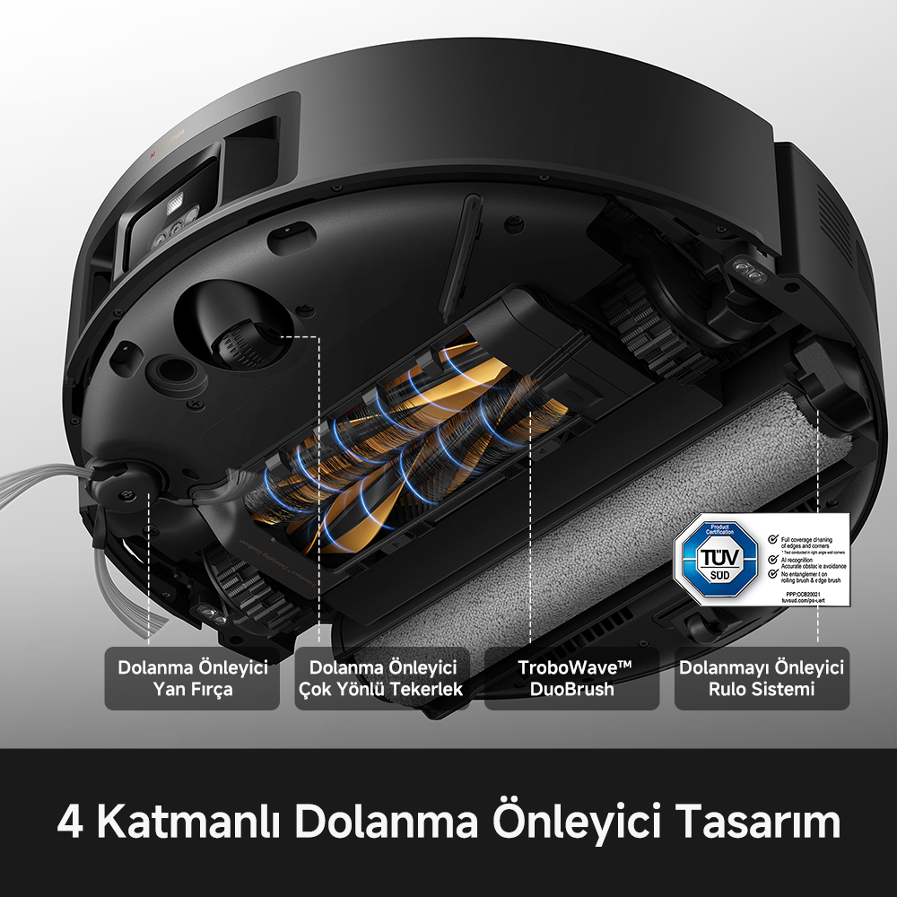 Etiketlenmiş fırçaları ve parçaları gösteren siyah robot süpürgenin alt kısmı.
