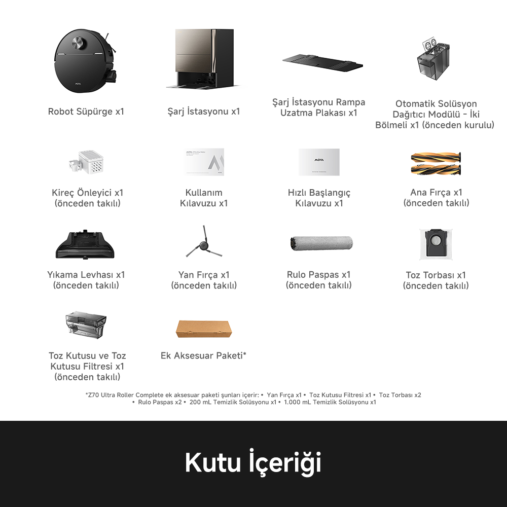 Robot süpürge, şarj istasyonu, rampa, modüller ve aksesuarların yer aldığı kutu içeriği beyaz arka planda.