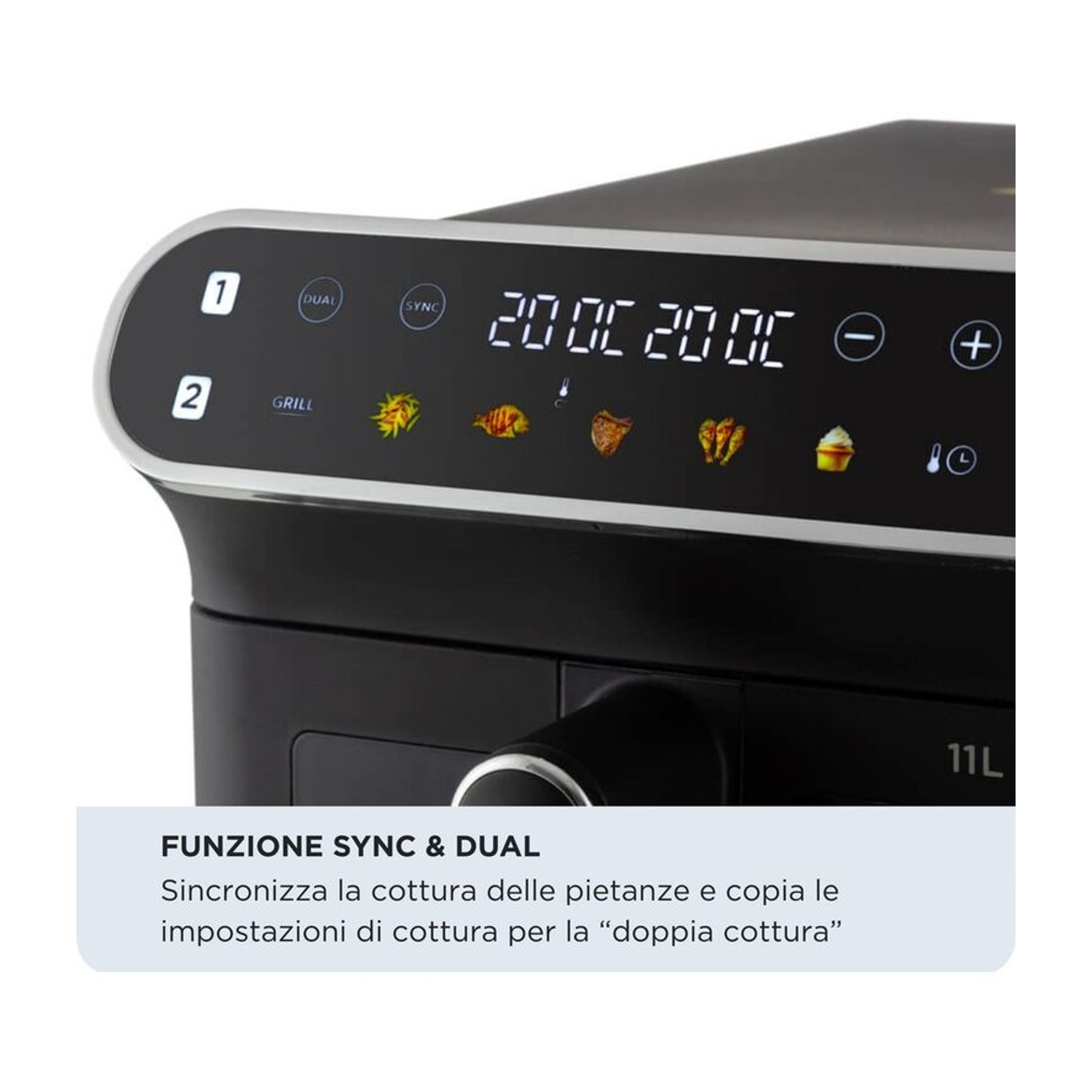 Pannello di controllo di una friggitrice ad aria nera con display digitale e icone touch per varie funzioni.