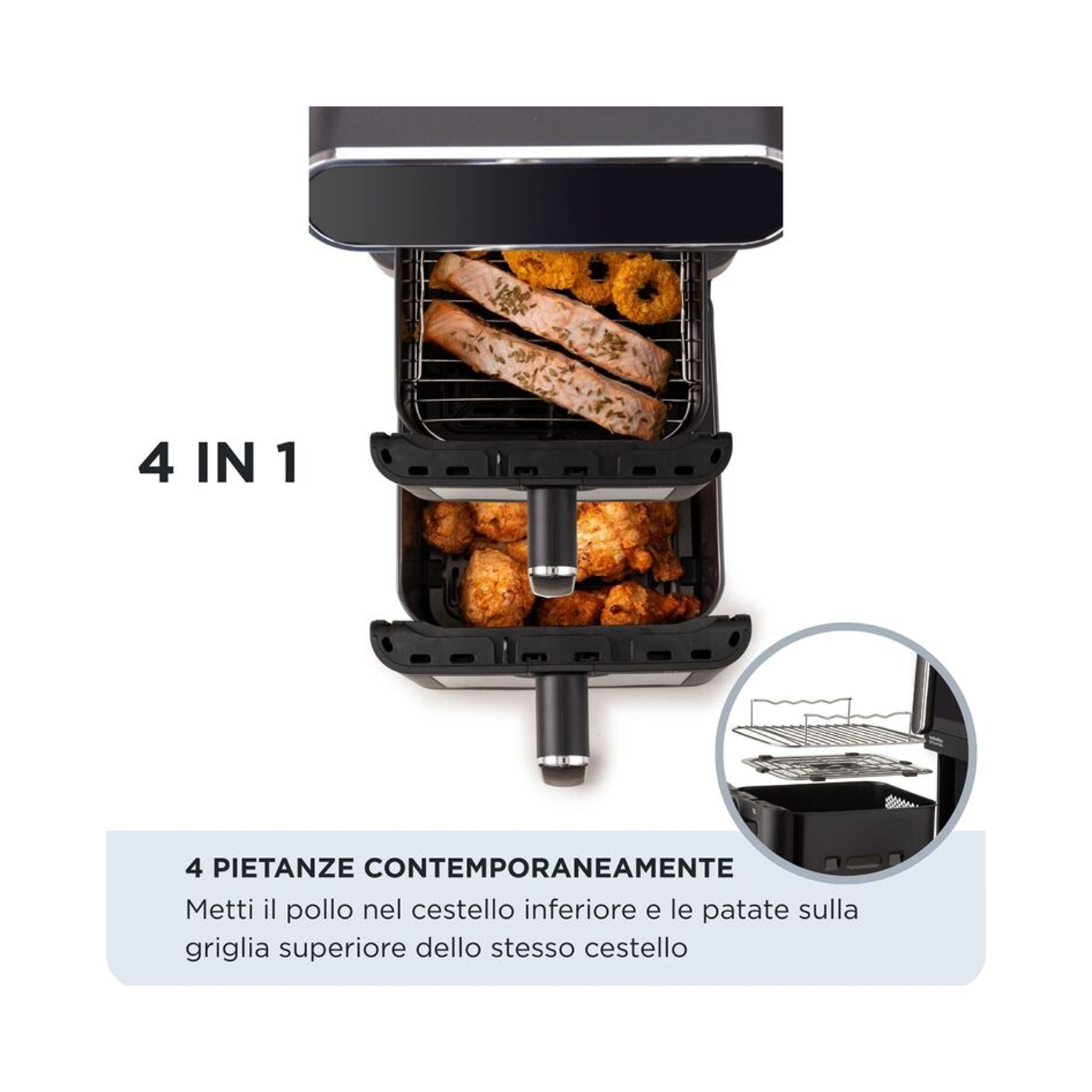 Friggitrice ad aria doppia con due cestelli, sopra salmone e anelli, sotto pollo.