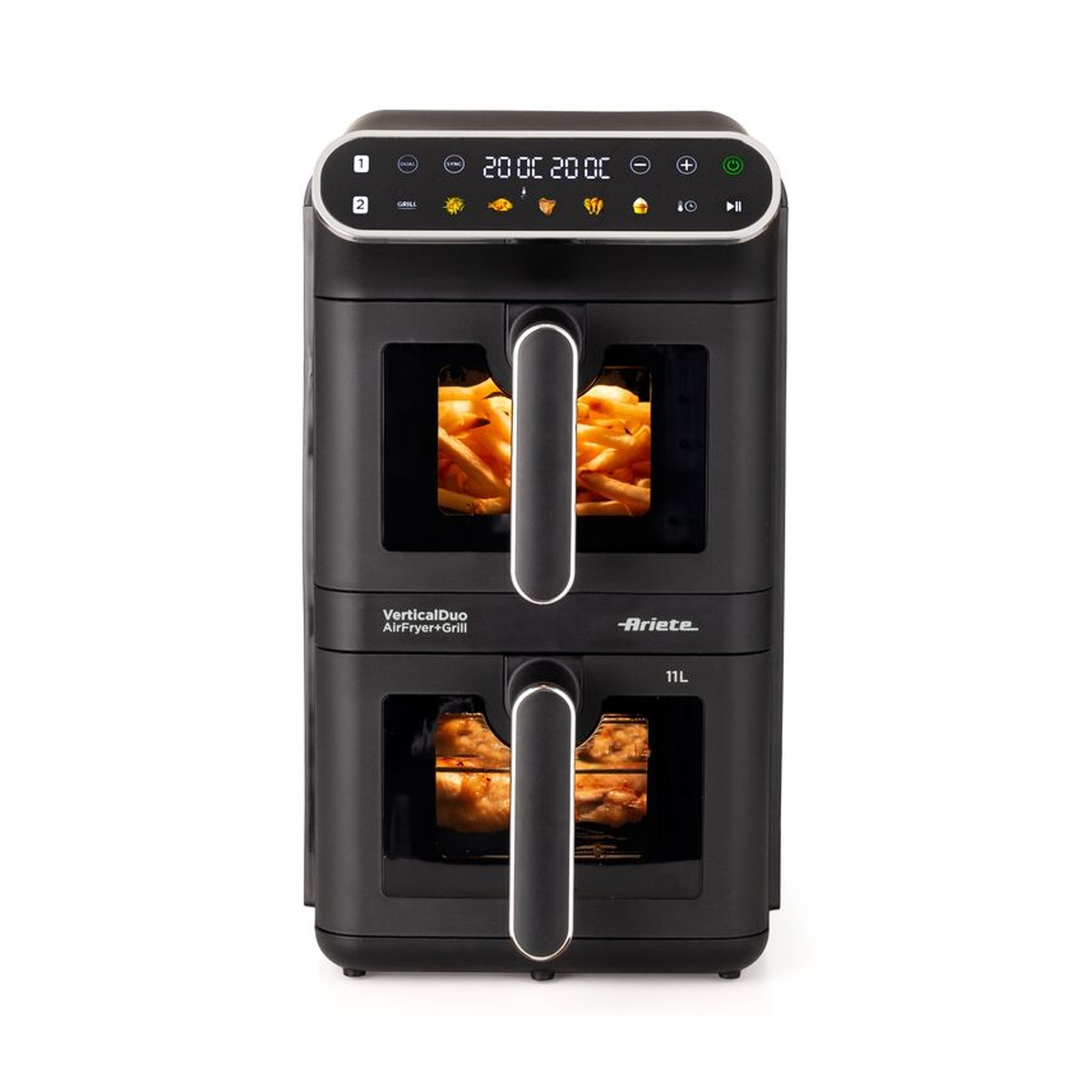 Friggitrice ad aria nera Ariete VerticalDuo con due scomparti sovrapposti che mostrano patatine fritte e carne.