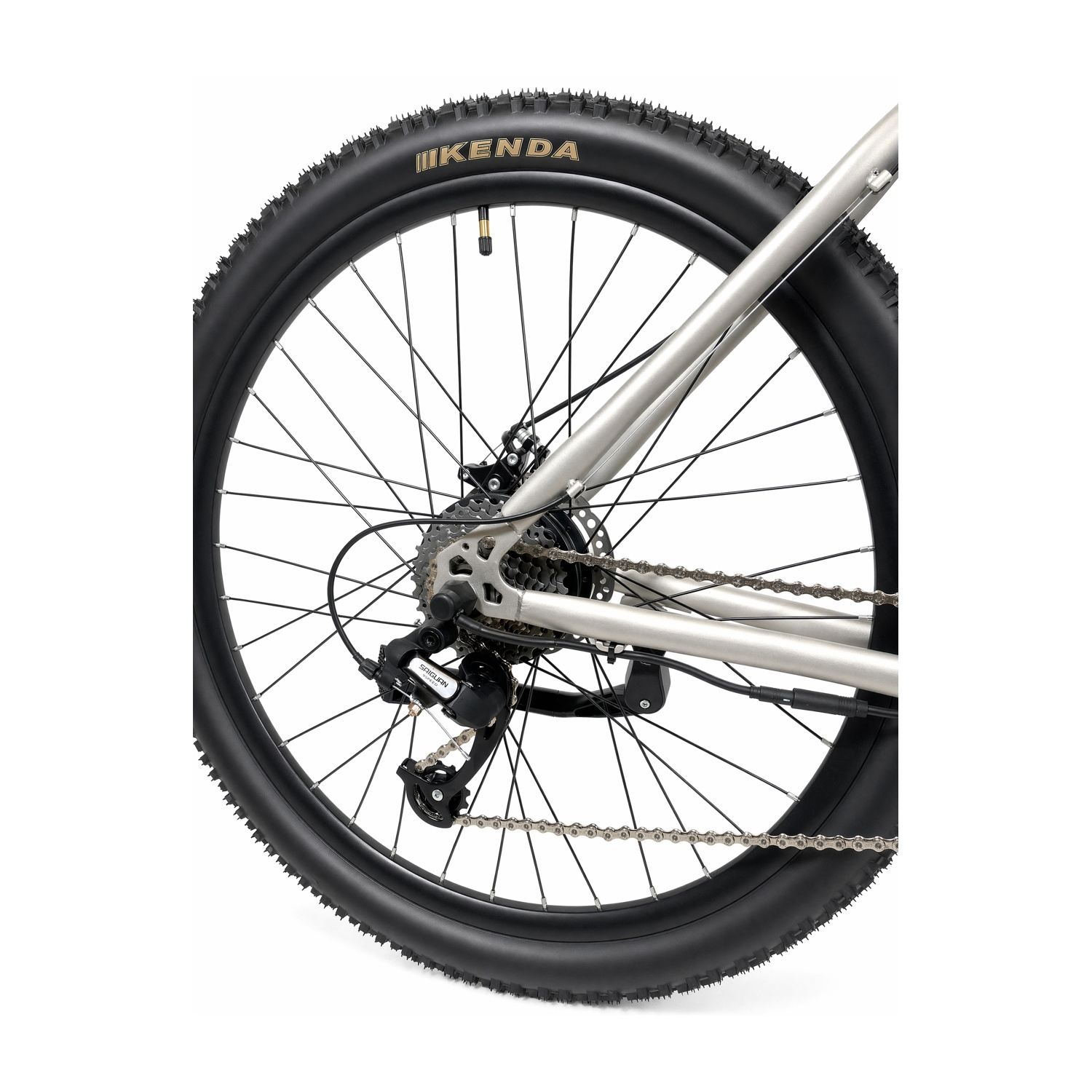Primo piano della ruota posteriore di una bicicletta argentata con copertone Kenda e cambio.